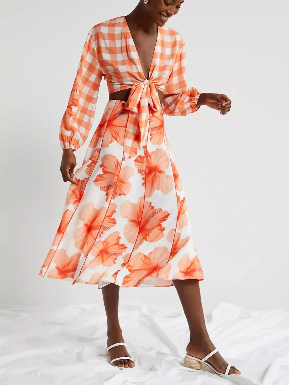 Anthropologie Farm Rio Orange White Floral Contrast Midi Skirt Size Medium